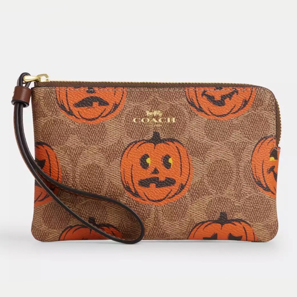 Coach Halloween Corner Zip Wristlet in Signature Canvas Jack O’Lantern Print NWT